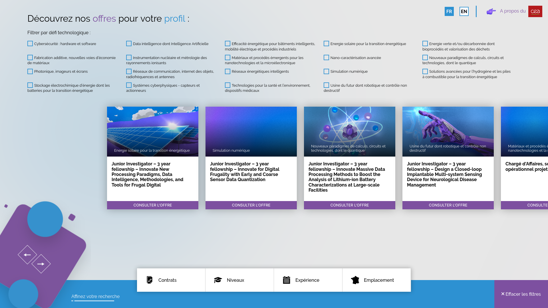 La page d'exploration des offres affichant de nombreuses categores tout en haut suivi par les offres et enfin les filtres Contrats, Niveaux, Experience et Emplacement. Un gros bouton Effacer les filtres en bas a droite.