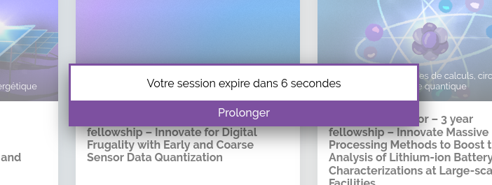 Une modale affichant Votre session expire dans 6 secondes et un bouton Prolonger en bas de la modale