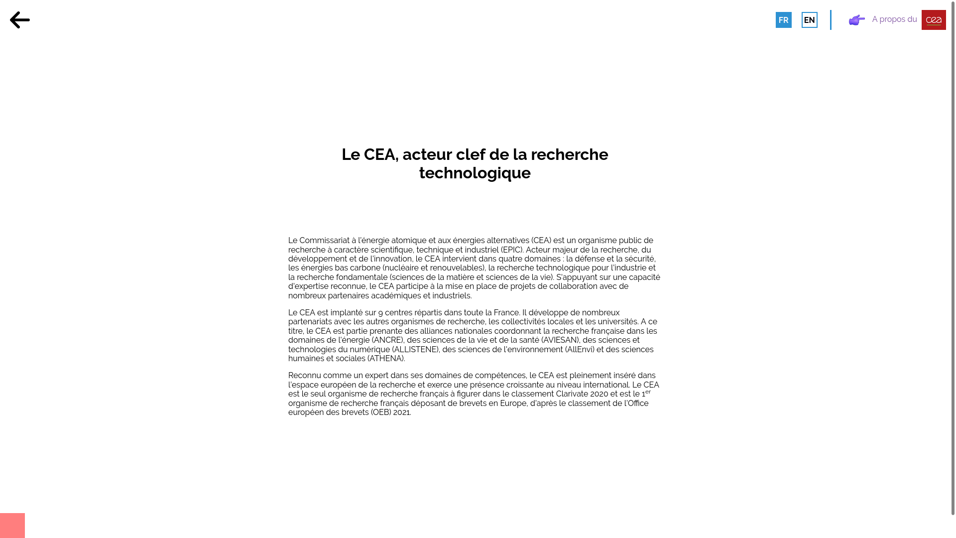La page A propos du CEA avec diverses informations sur le CEA. Un carré rouge en bas à gauche de l'image indique l'emplacement du bouton caché
