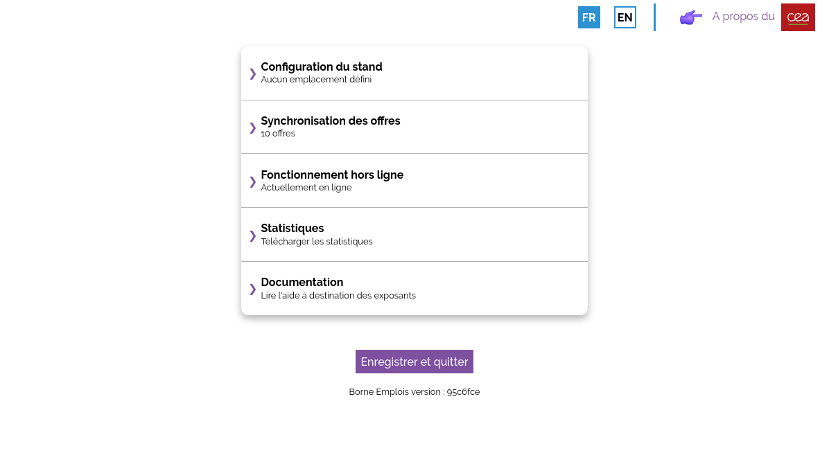 Page web affichant plusieurs section : Configuration du stand, Synchronisation des offres, Fonctionnement Hors ligne, Statistiques et Documentation. La page se termine sur un bouton Enregistrer et Quitter et un numéro de version.