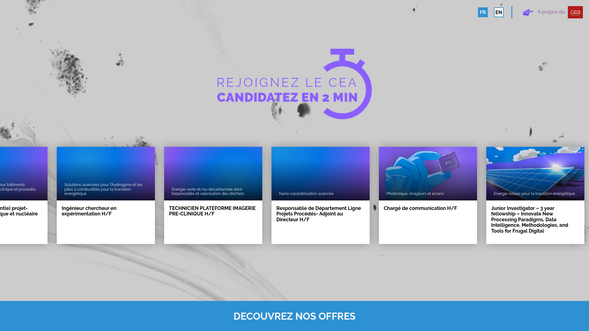 Une page titrée Rejoignez le CEA candidatez en 2 min. Des offres défilent en dessous et un gros bouton bleu Decouvrez nos offres est présent tout en bas
